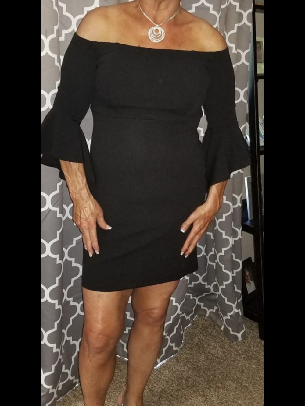 Teeze Me Black Off-Shoulder Bell Sleeve Sheath Dress